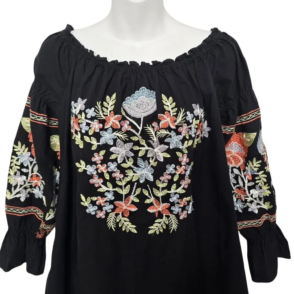 Free People Fleur Du Jour Enchanted Garden Mini Dress M Black Embroidered Floral